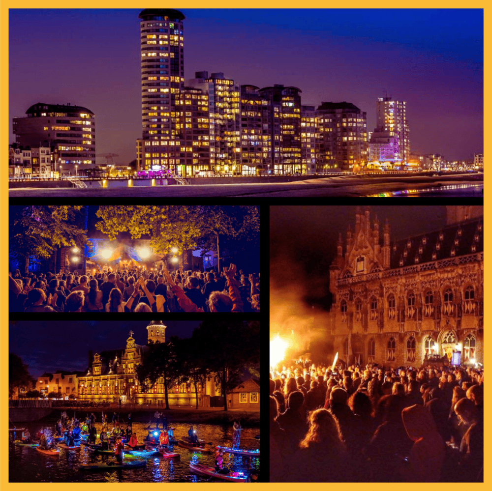 Avondbeelden van Zeeland met bruisend nachtleven, stadsverlichting, evenementen en grachten – ideale locatie voor een PubGolf route in Zeeland