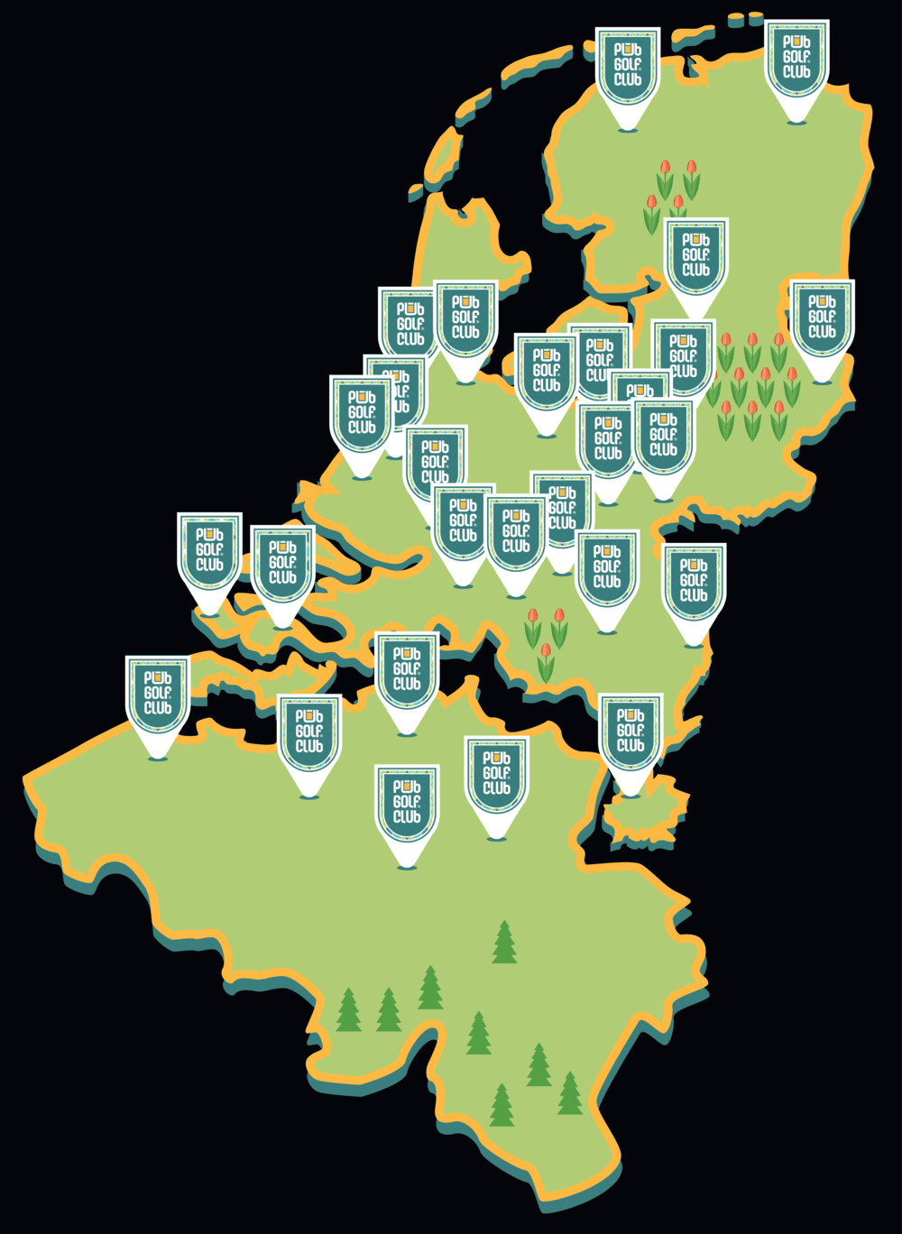Kaart van Nederland en België met PubGolf Club locaties – overzicht van alle steden met beschikbare PubGolf routes voor een unieke kroegentocht-ervaring
