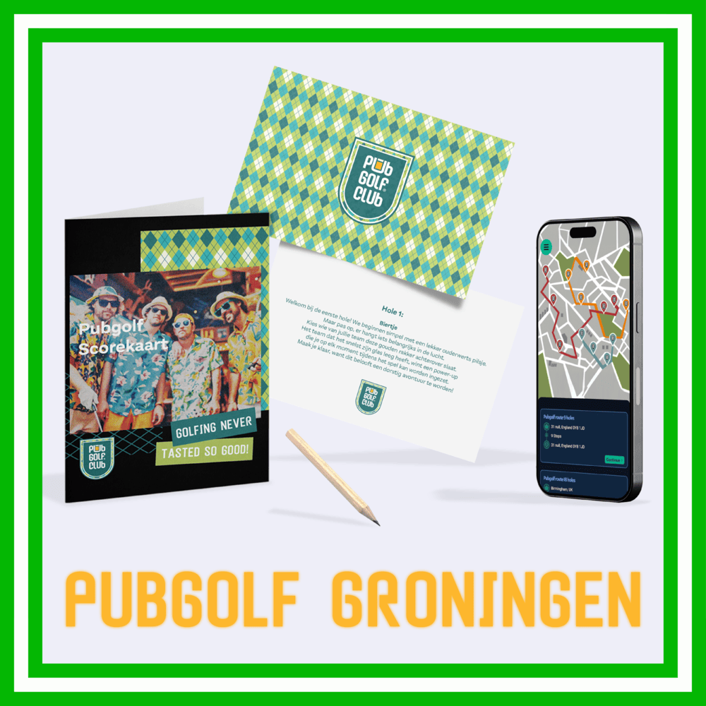 PubGolf Groningen pakket met scorekaarten, spelregels, opdrachtenkaart en digitale kroegentocht via smartphone