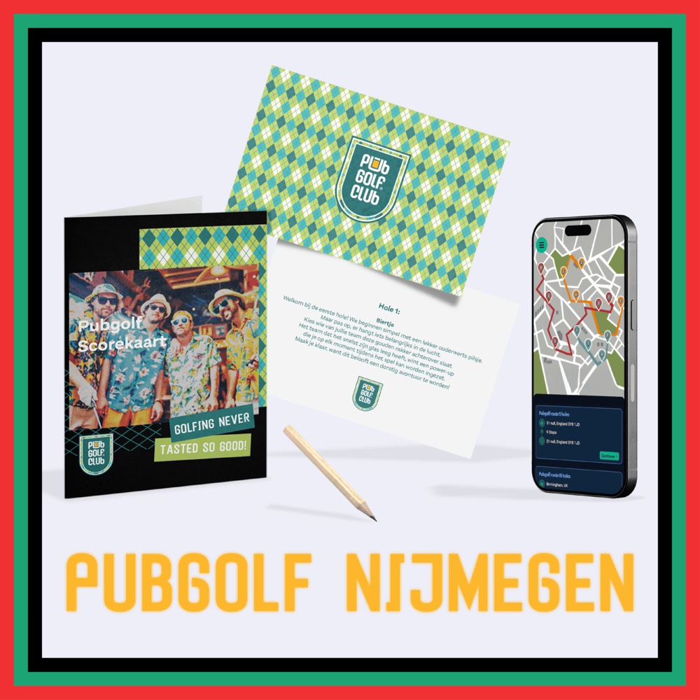 PubGolf Nijmegen pakket met scorekaarten, speluitleg, opdrachtenkaart en digitale kroegentocht via smartphone