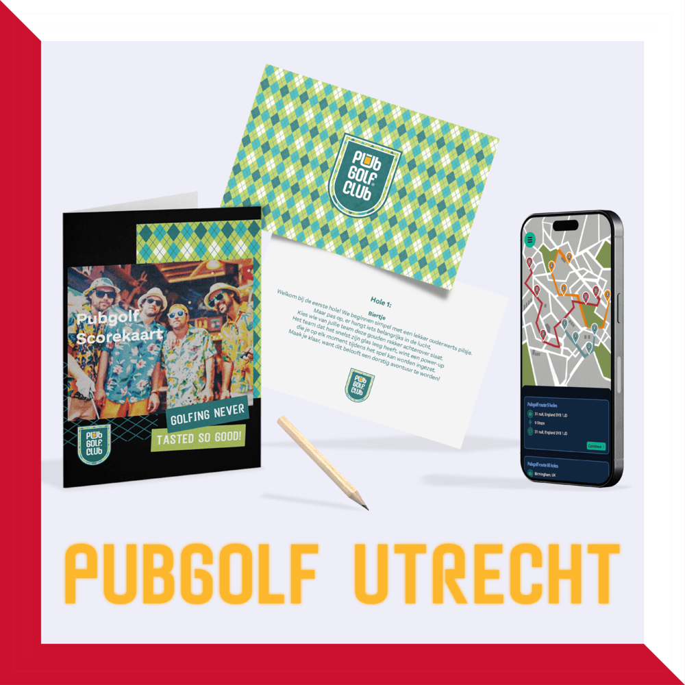 PubGolf Utrecht pakket met scorekaarten, spelregels, opdrachtenkaart en digitale kroegentocht via smartphone