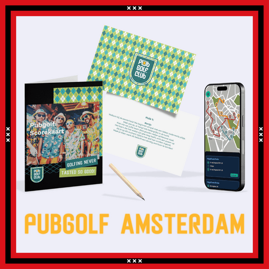 PubGolf Amsterdam pakket met scorekaarten, opdrachtenkaart, spelregels en digitale kroegentocht via smartphone