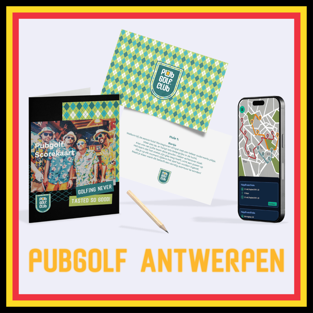 PubGolf Antwerpen pakket met scorekaarten, opdrachtenkaart, spelregels en digitale kroegentocht via smartphone