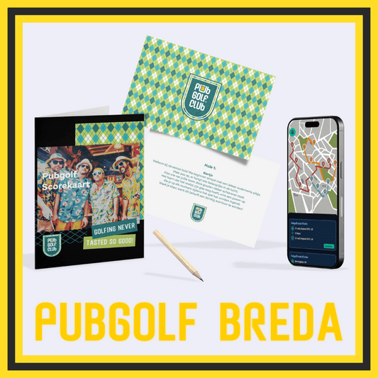 PubGolf Breda pakket met scorekaart, kroegentocht route via smartphone en spelkaarten voor een originele activiteit met vrienden