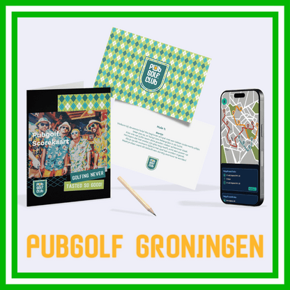 PubGolf Groningen pakket met scorekaarten, spelregels, opdrachtenkaart en digitale kroegentocht via smartphone