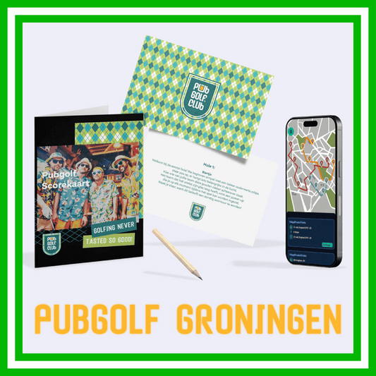 PubGolf Groningen pakket met scorekaarten, spelregels, opdrachtenkaart en digitale kroegentocht via smartphone