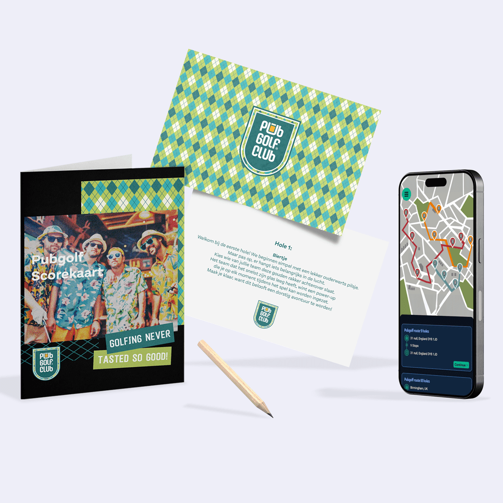 PubGolf route pakket met scorekaarten, spelregels, spelkaart en digitale kroegentocht via smartphone